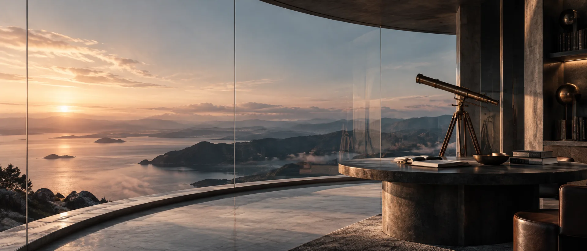 A brass telescope on a stone terrace, facing a hazed coastline at first light.