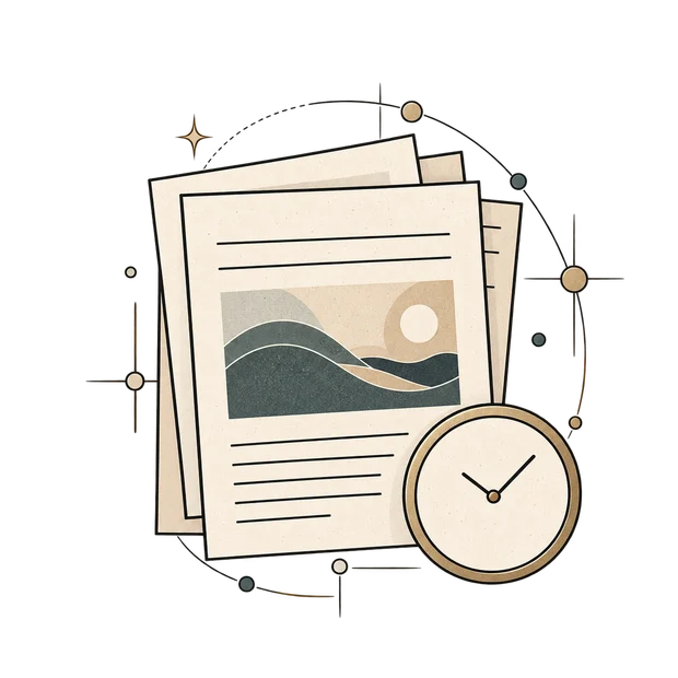Des feuillets imprimes poses contre une horloge : la publication est datee et revient a heure fixe, qu'il y ait un changement ou non.