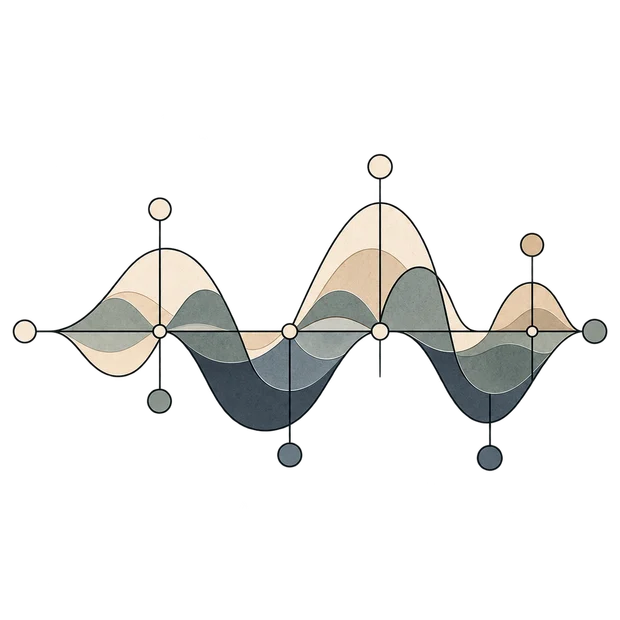 A diagram of several bands rising and falling around one shared axis, each reaching its high at a different moment, so that one is low while another is high.
